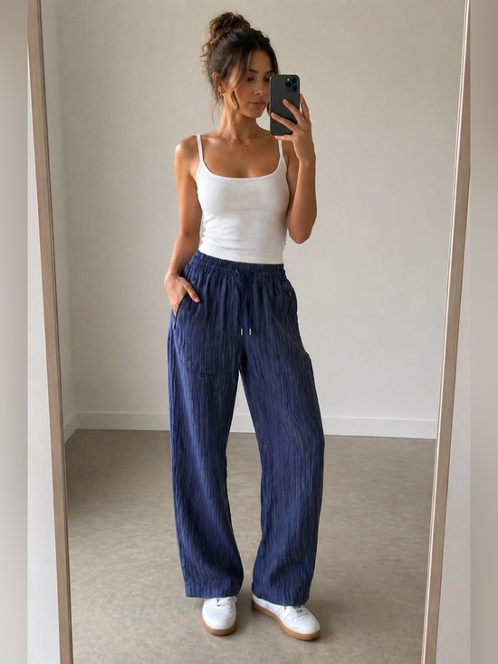 Athleta Pants - Athleta Cabo Linen Wide Leg Pants Textured Blue Petite 2P
